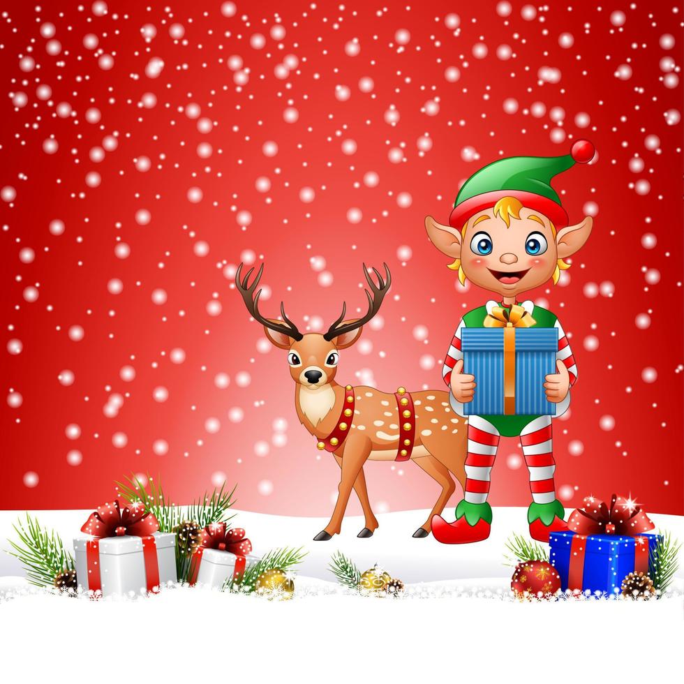 Christmas background with elf holding gift box vector