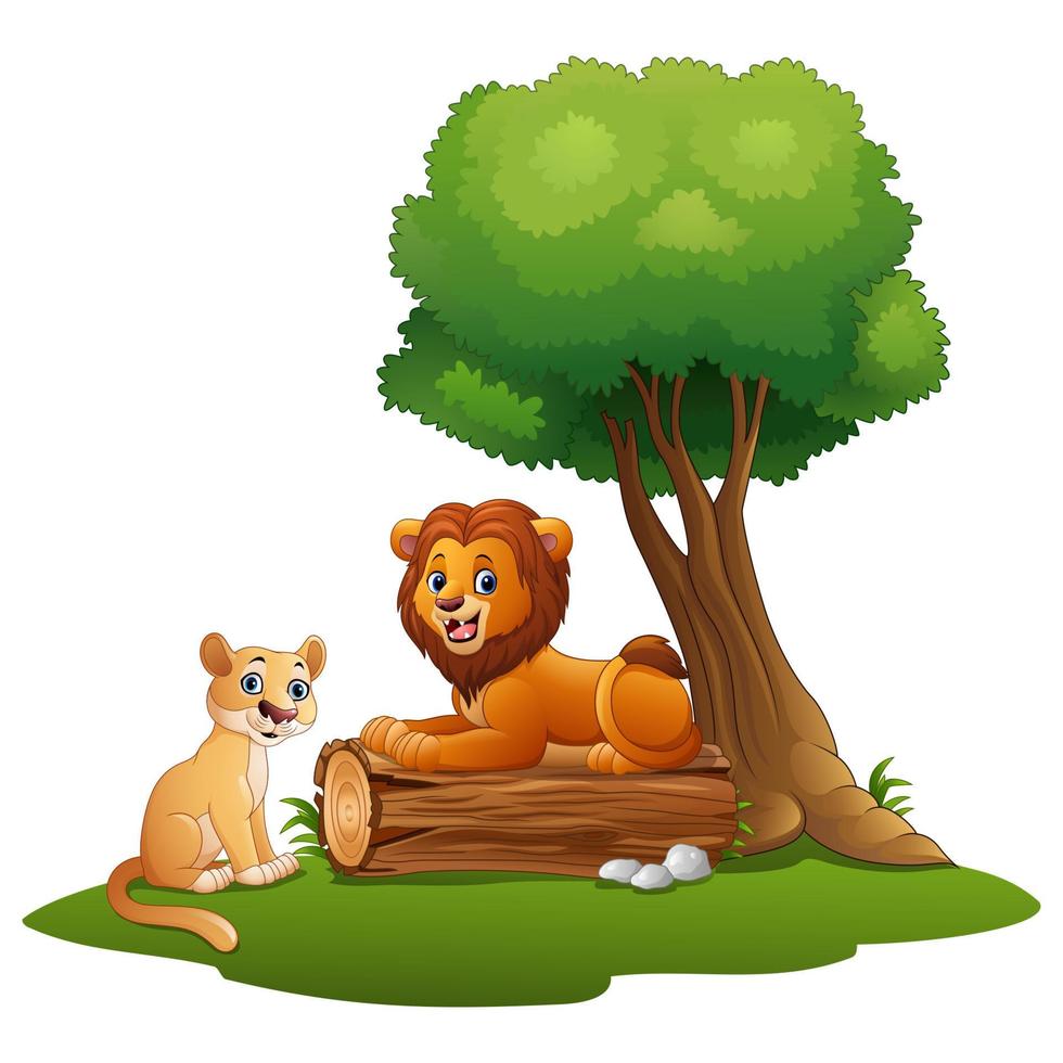 Cartoon lion couple in the jungle vector