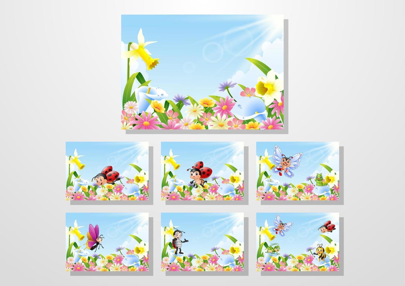 Cartoon insects on flower field collections set vector