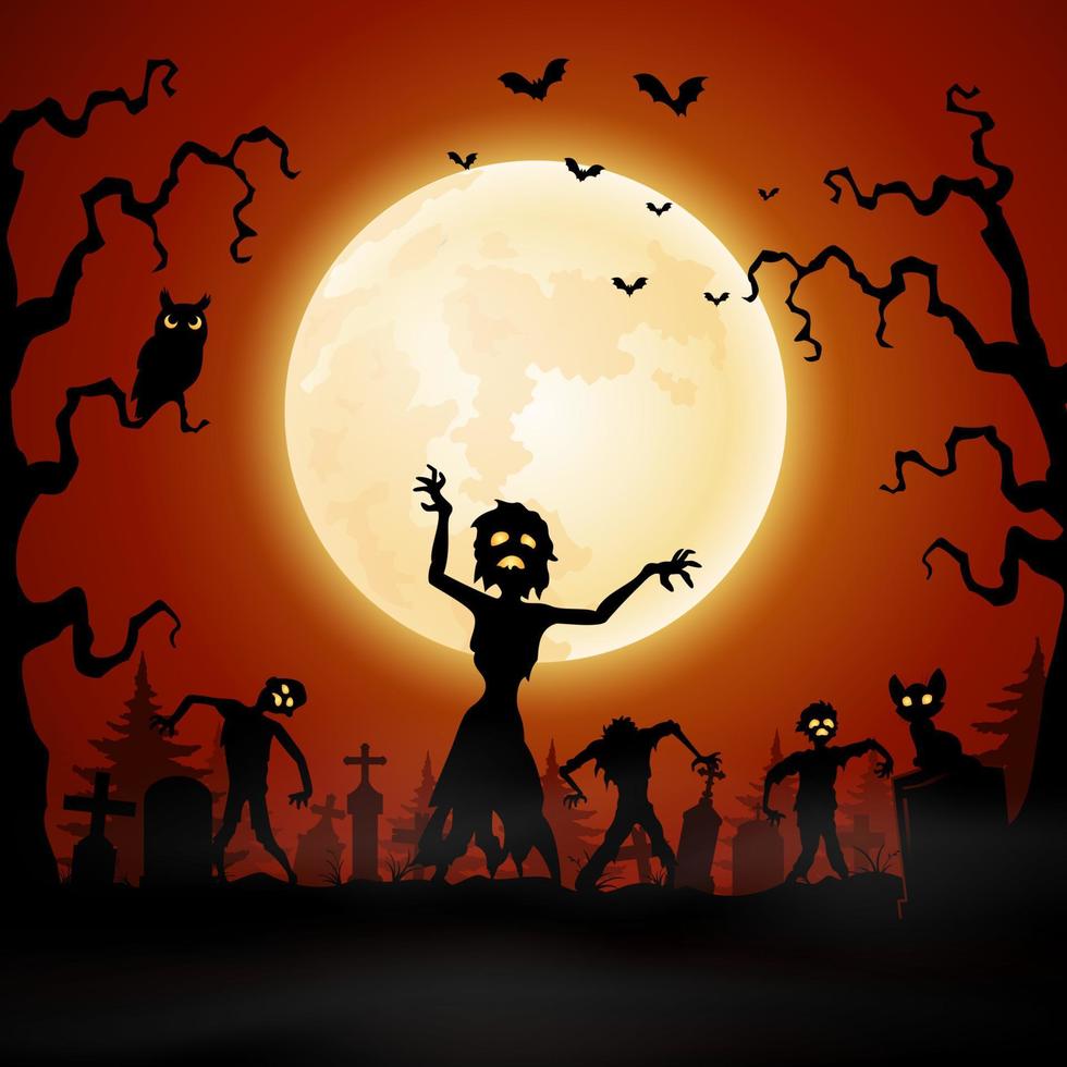 Halloween background with zombie walking in graveyard vector