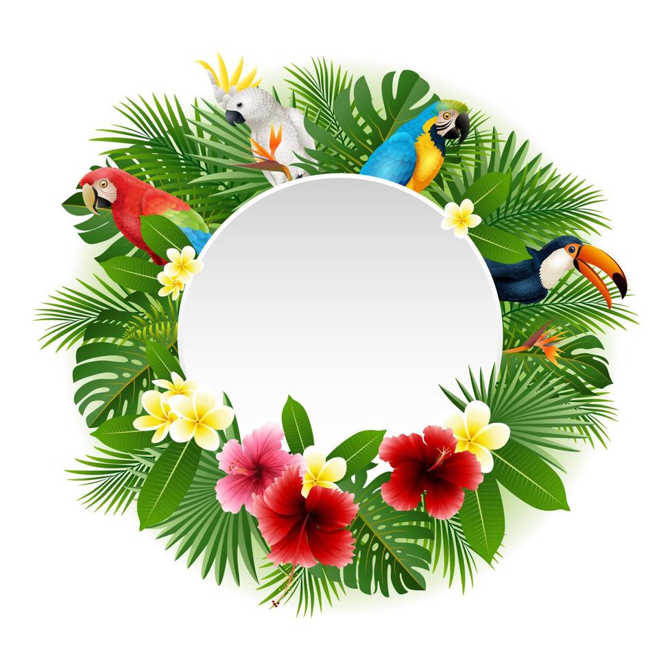 Round blank sign with birds collection and tropical plants background vector