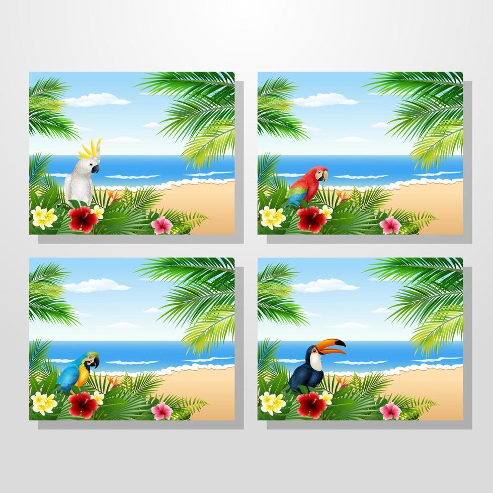 Card with tropical beach, tropical plants and bird collections vector