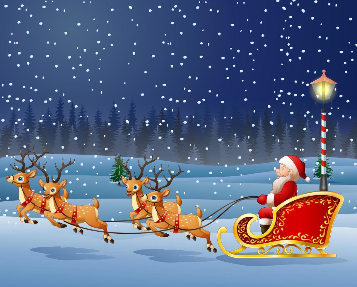 Christmas background with Santa Clause riding his reindeer sleight vector