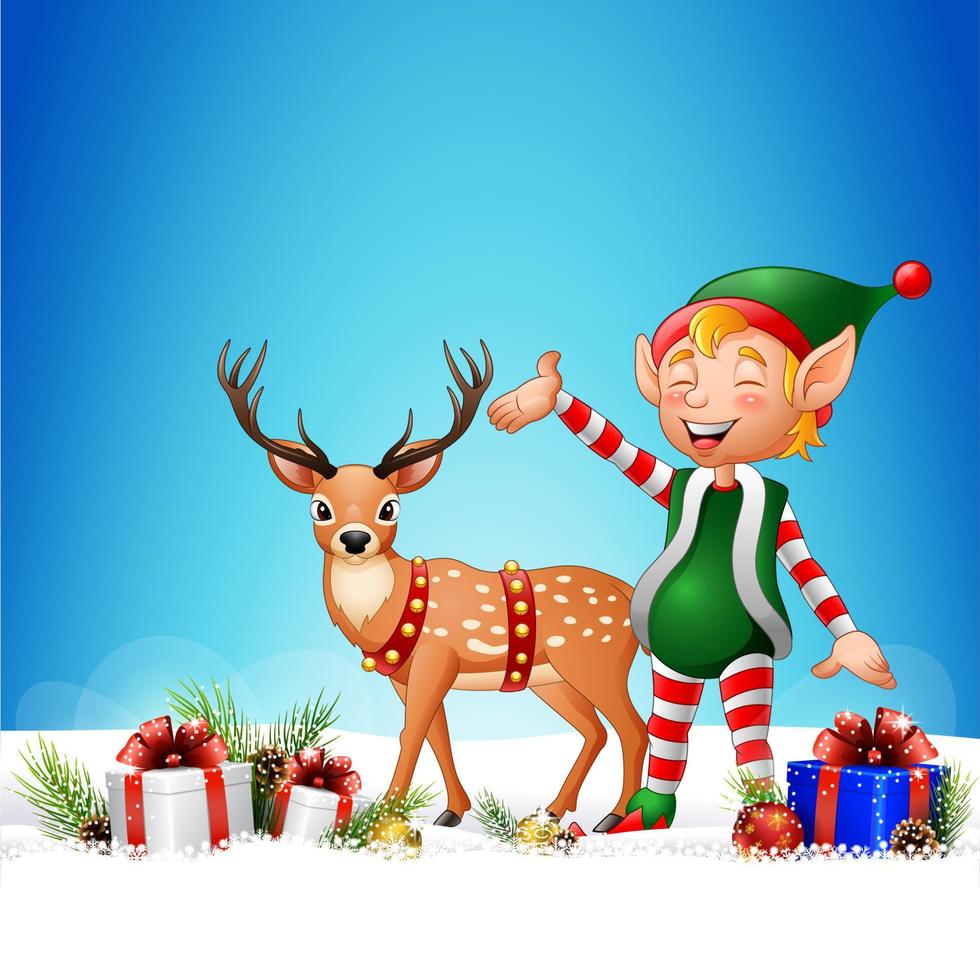 Cartoon funny elf with deer and gift boxes vector