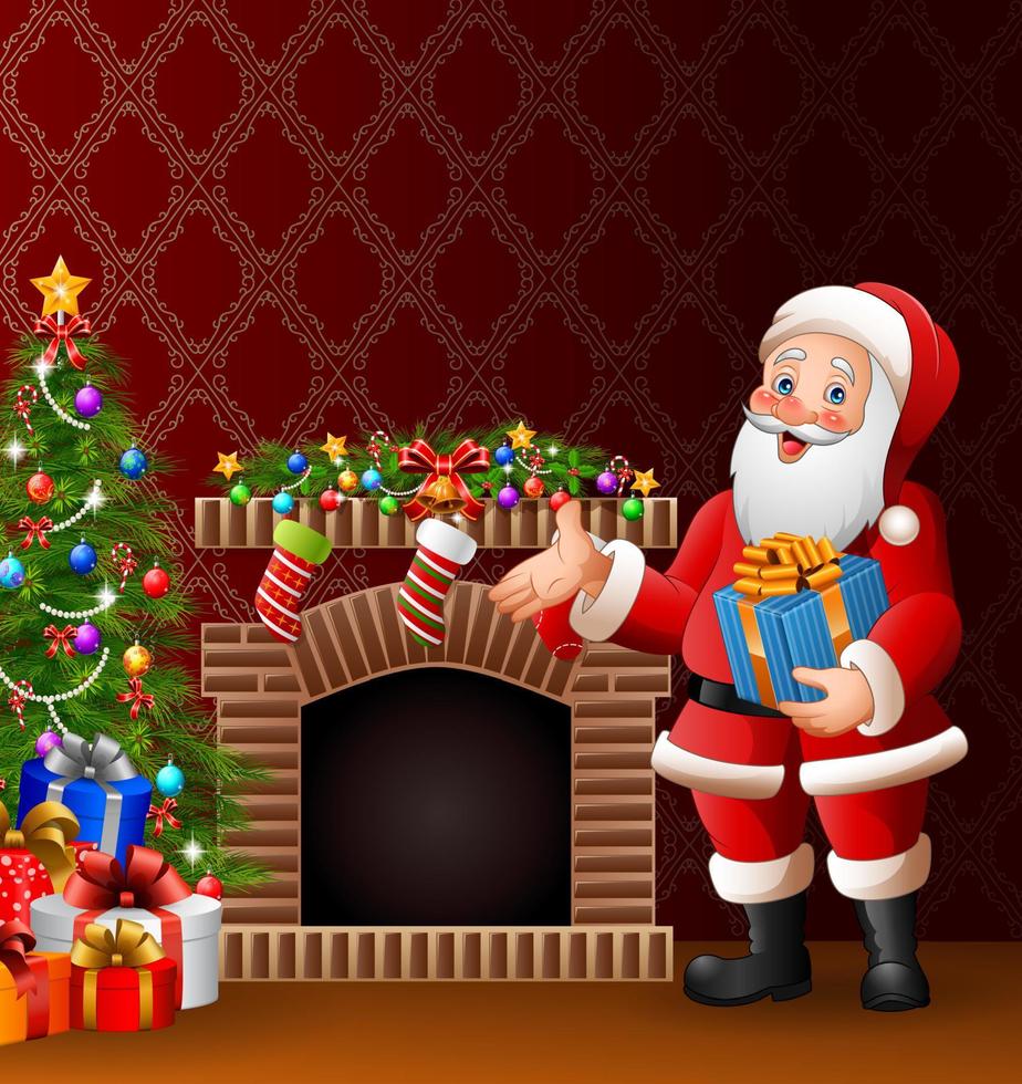 Cartoon Santa Claus holding a gift box vector