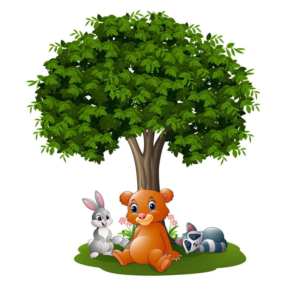 Cartoon wild animals under the tree vector