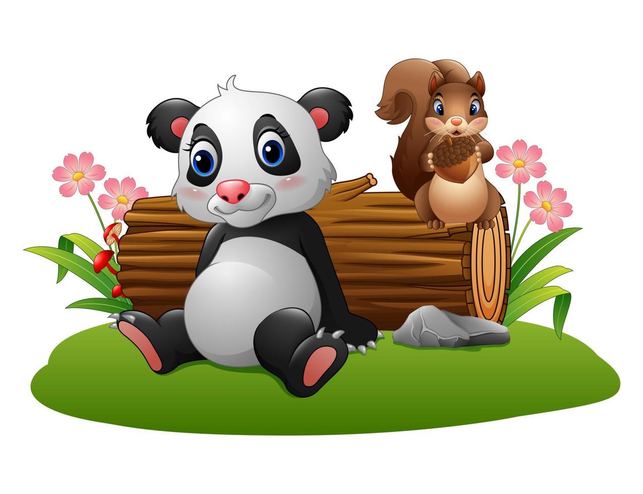 panda bebé de dibujos animados con ardilla en el bosque vector