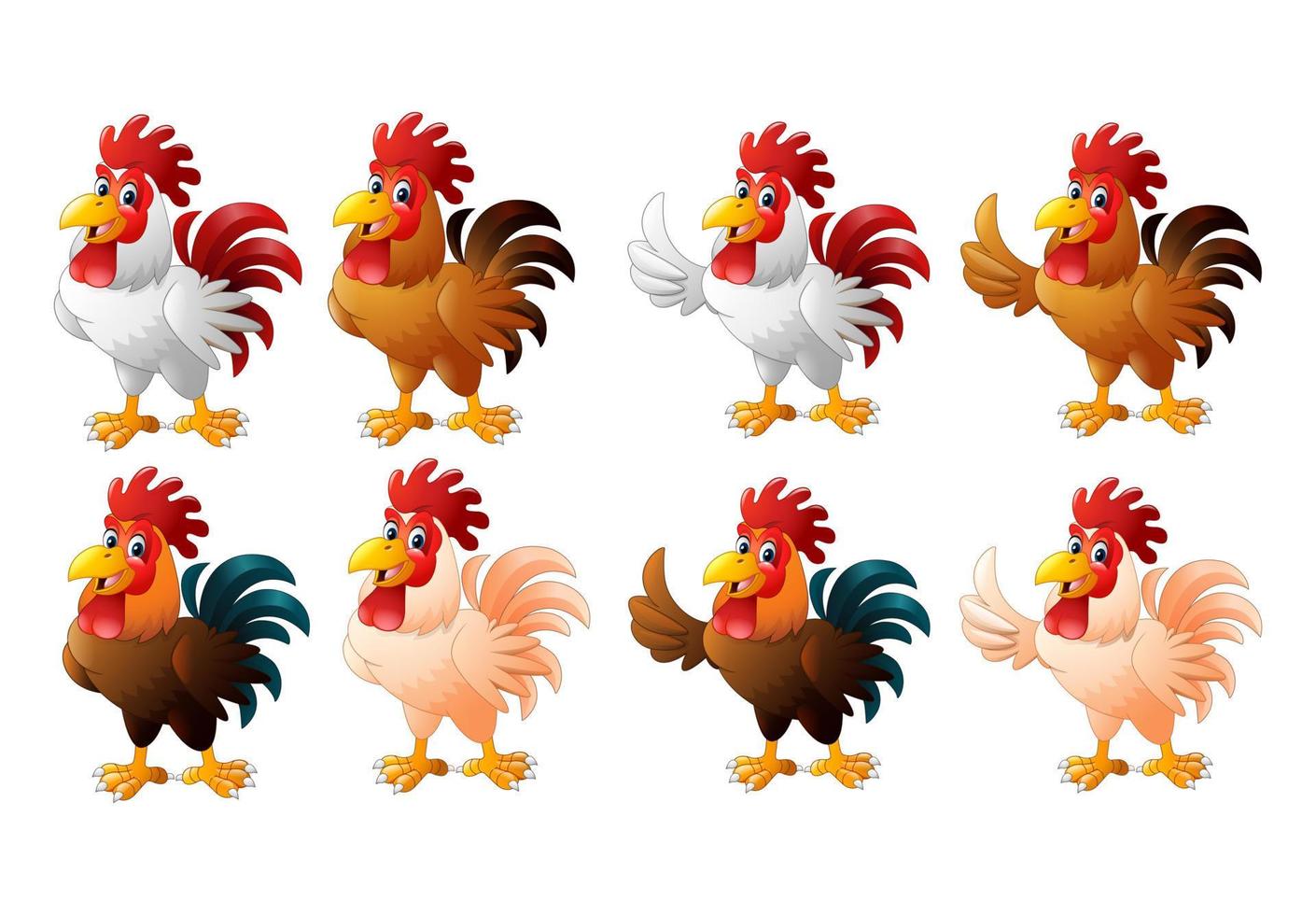 Cartoon funny rooster collection set vector