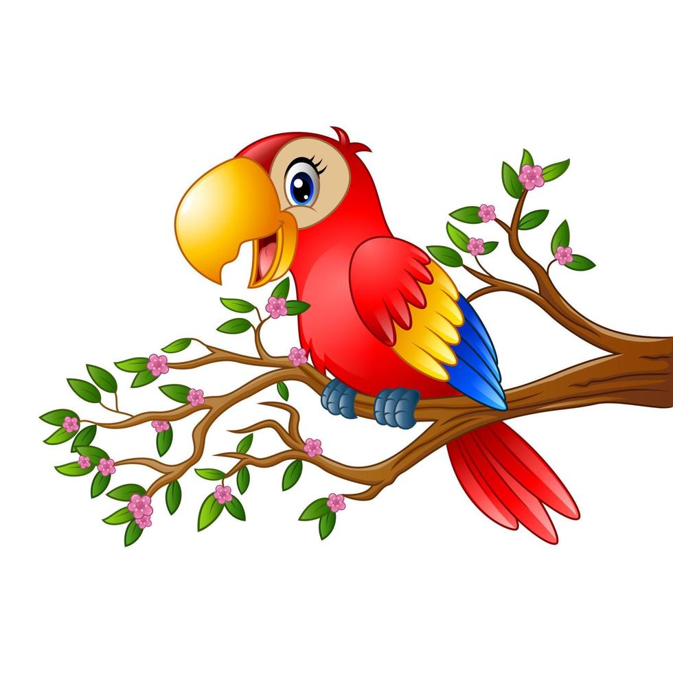 guacamayo de dibujos animados en la rama de un árbol vector