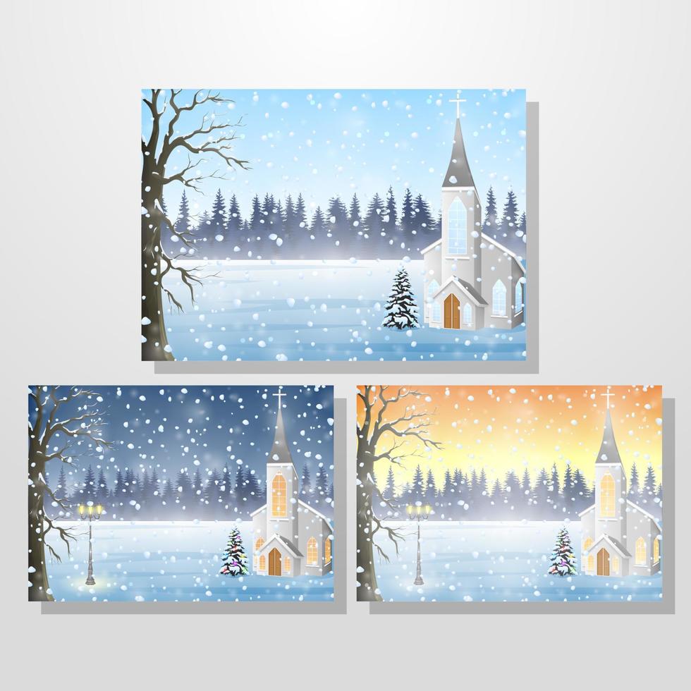 Set of christmas greeting card, Winter landscape with church vector