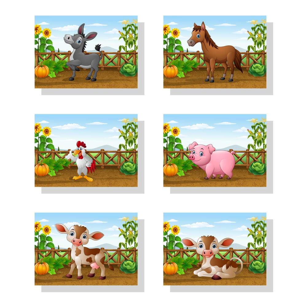 conjunto de colecciones de fondo de animales de dibujos animados en la granja vector