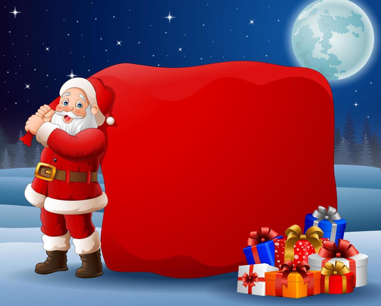 Christmas background with Santa pulling a huge bag vector