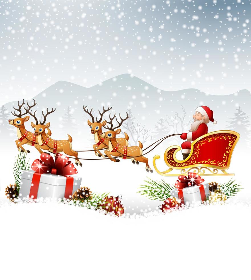 Christmas background with Santa Clause riding his reindeer sleight vector