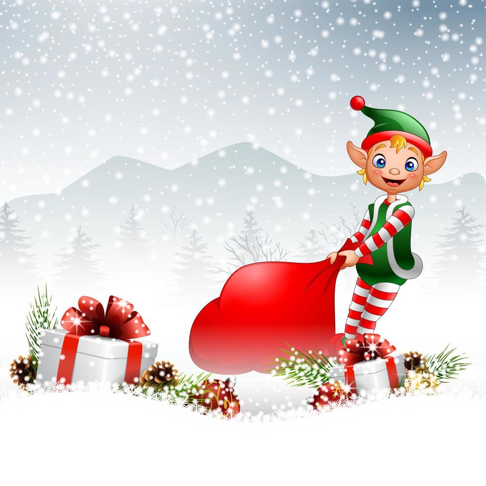 Christmas background with elf pulling a bag full of gifts vector