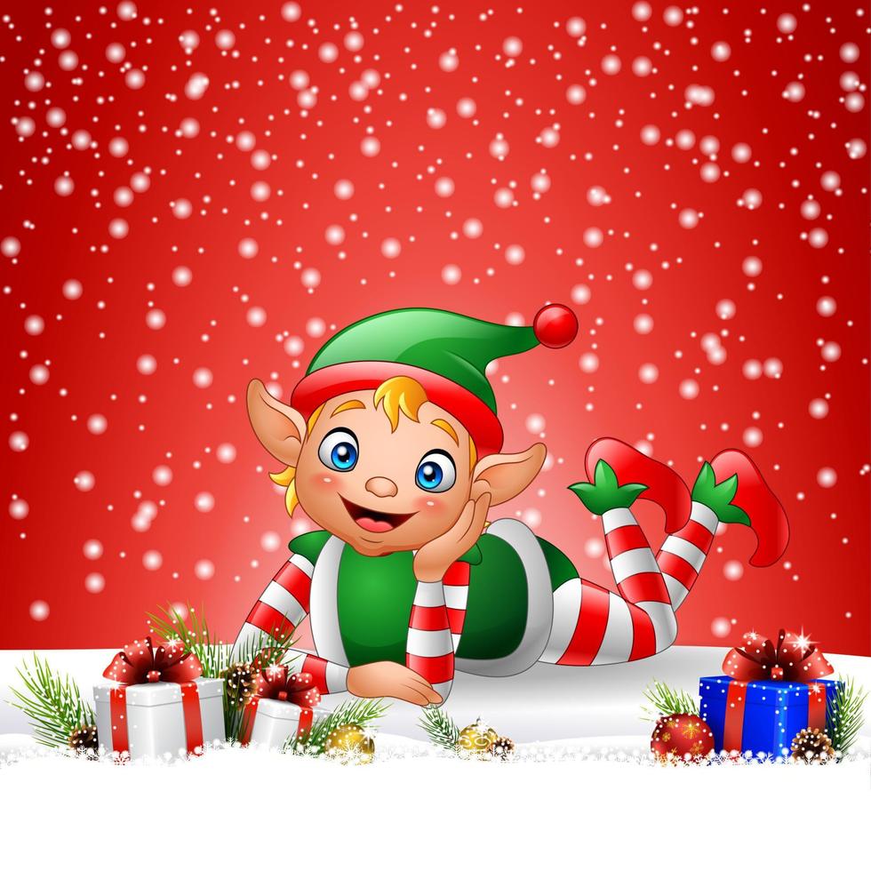 Christmas background with little elf laying vector