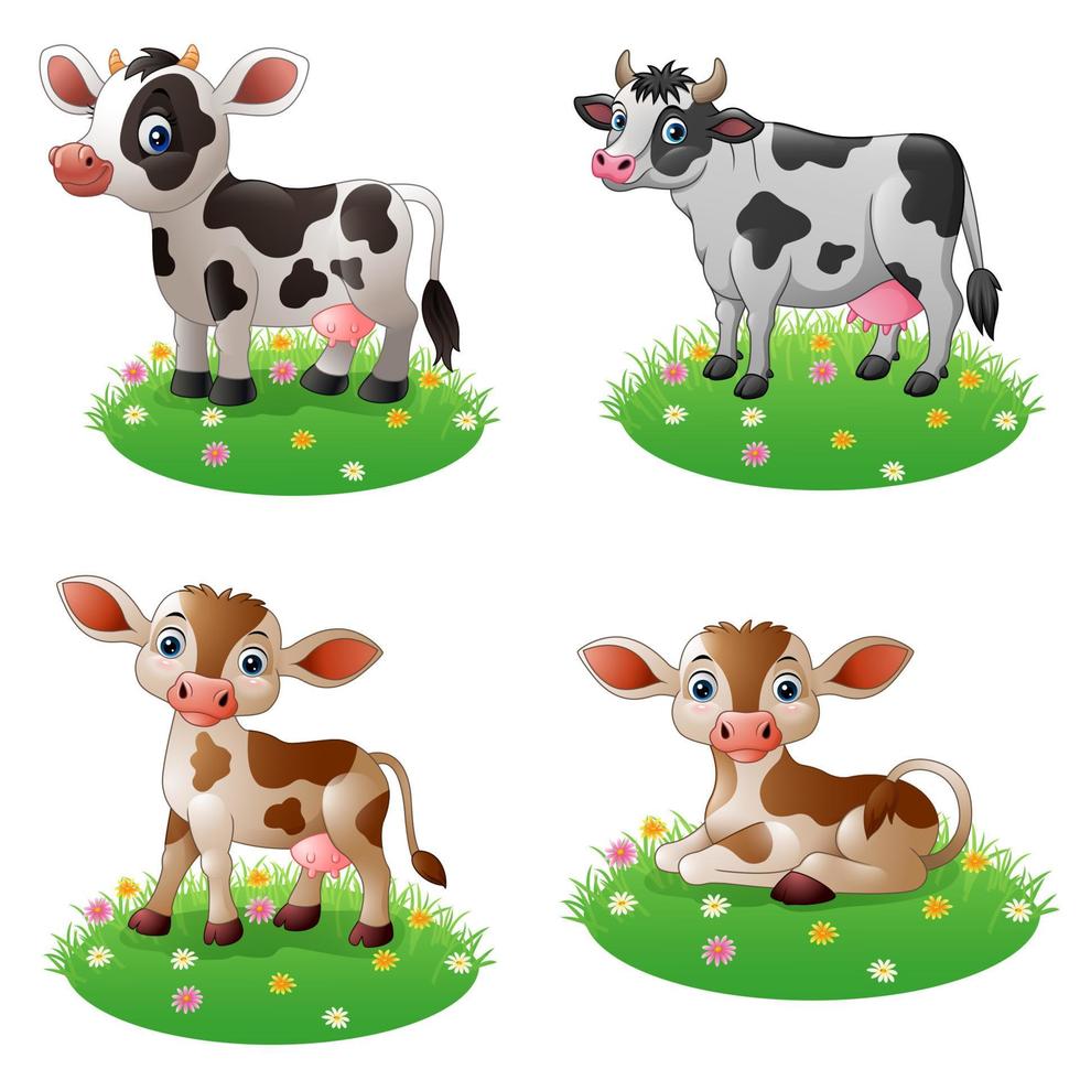 Cartoon cow standing on grass collections set vector