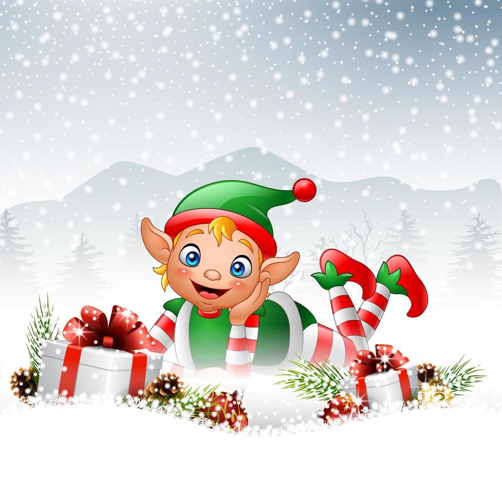 Christmas background with little elf laying vector