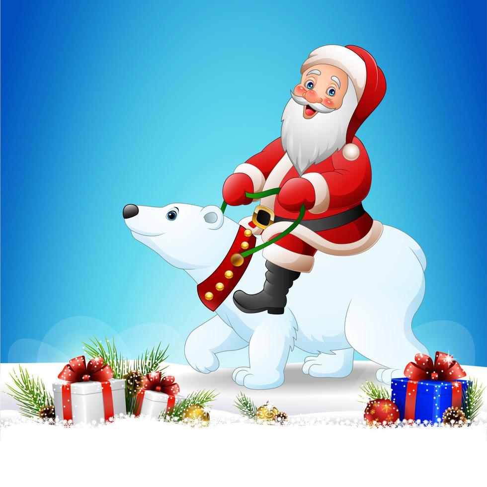 Christmas background with Santa Claus riding polar bear vector