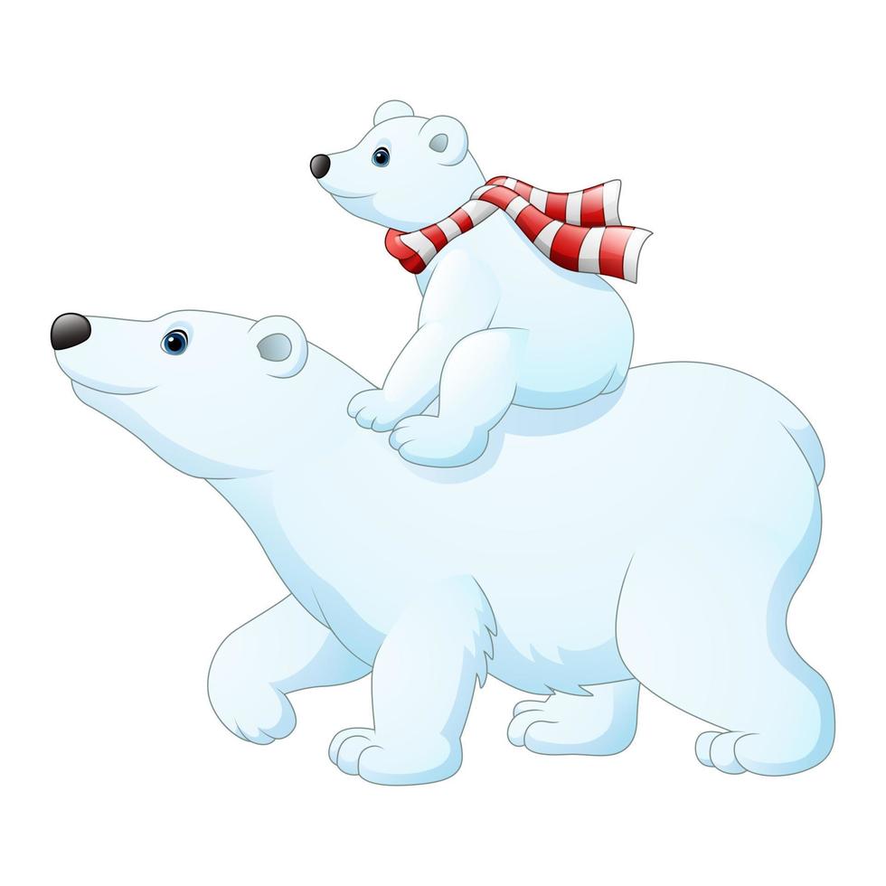 caricatura bebé oso polar cabalgando sobre la espalda de su madre vector