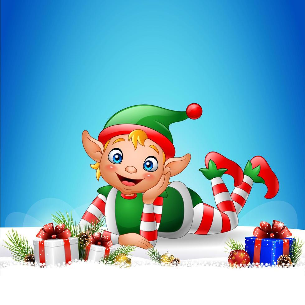 Christmas background with little elf laying vector