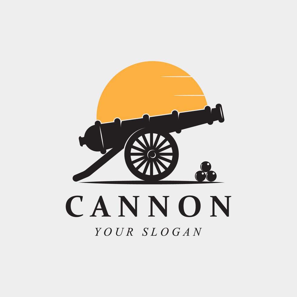 logotipo vintage de cañón creativo, bala de cañón y artillería con plantilla de eslogan vector