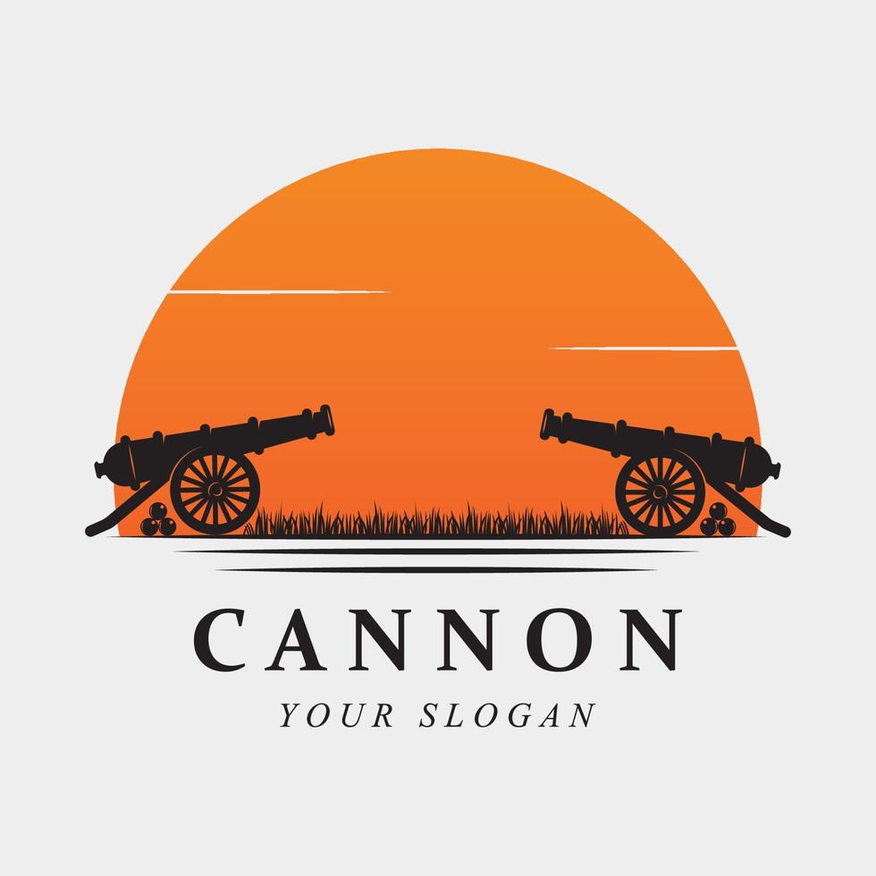 logotipo vintage de cañón creativo, bala de cañón y artillería con plantilla de eslogan vector