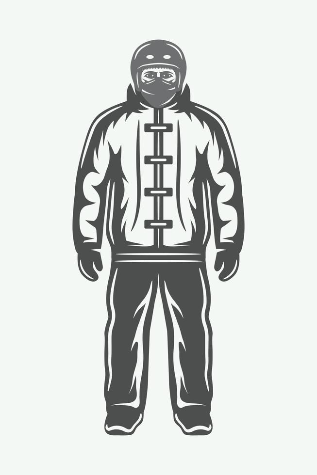 deportista de invierno vintage en traje de esquí. arte gráfico monocromático. ilustración vectorial vector