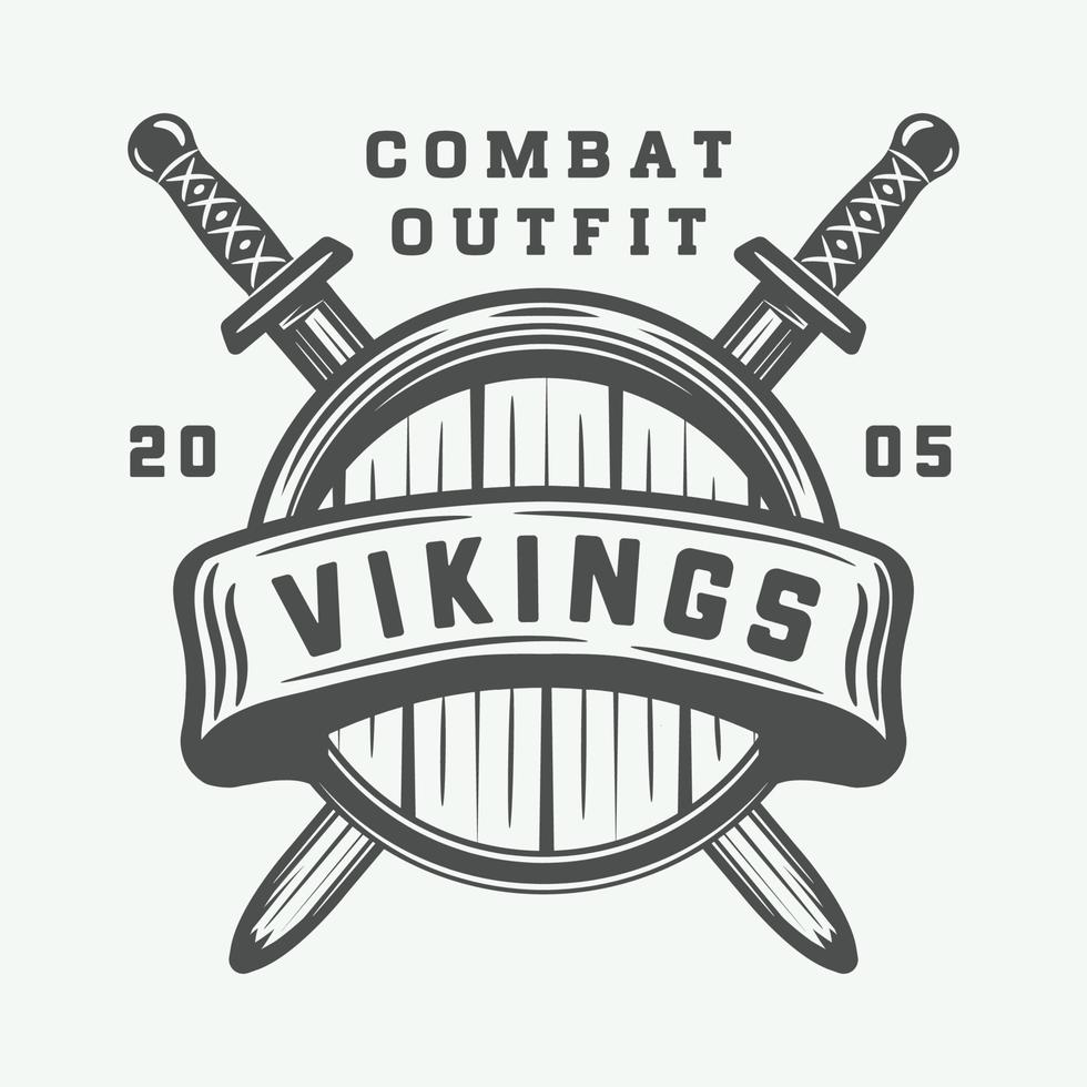 Vintage vikings motivational logo, label, emblem, badge in retro style with quote. Monochrome Graphic Art. Vector Illustration.