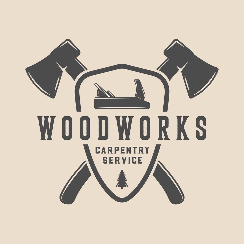 Vintage carpentry, woodwork and mechanic label, badge, emblem and logo. Vector illustration. Monochrome Graphic Art.