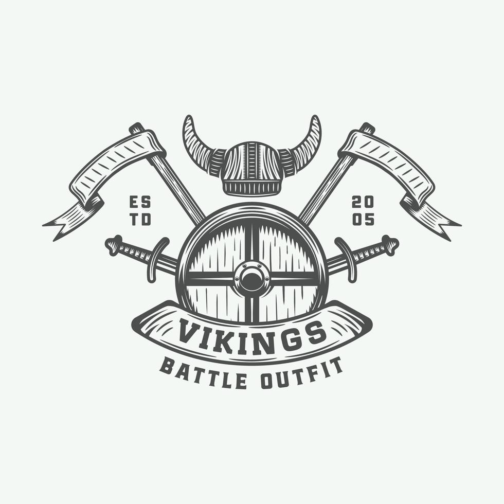 Vintage vikings motivational logo, label, emblem, badge in retro style with quote. Monochrome Graphic Art. Vector Illustration.