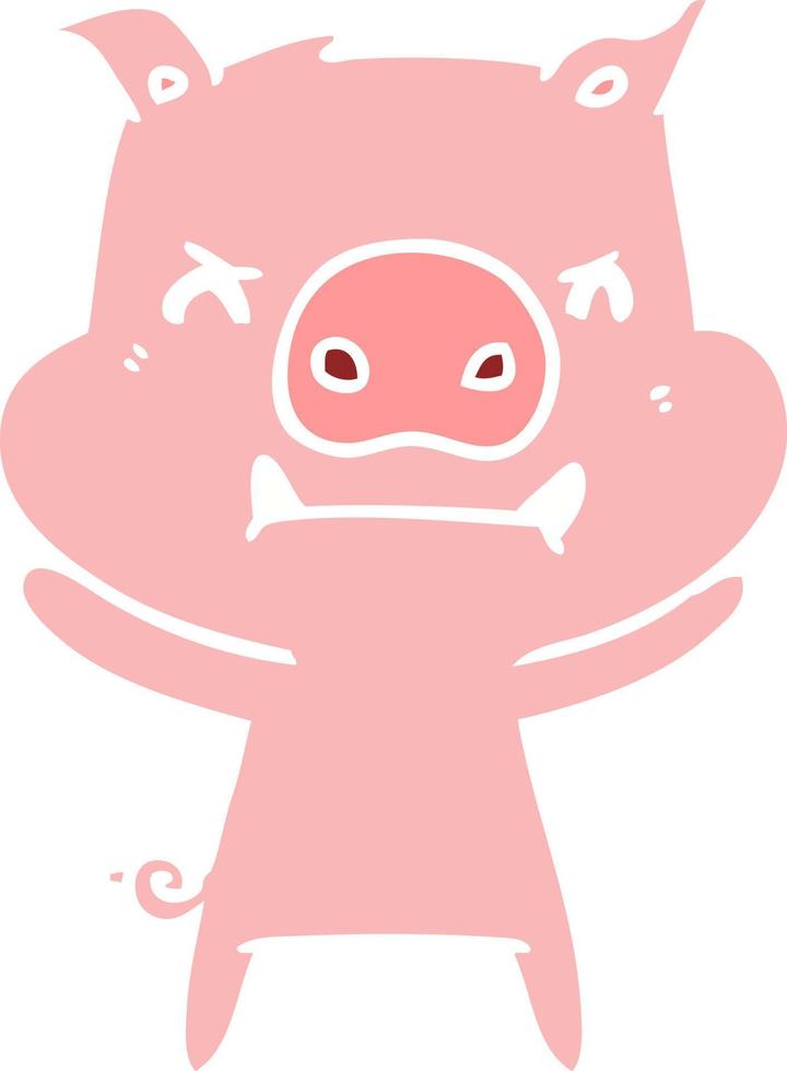 angry flat color style cartoon pig vector
