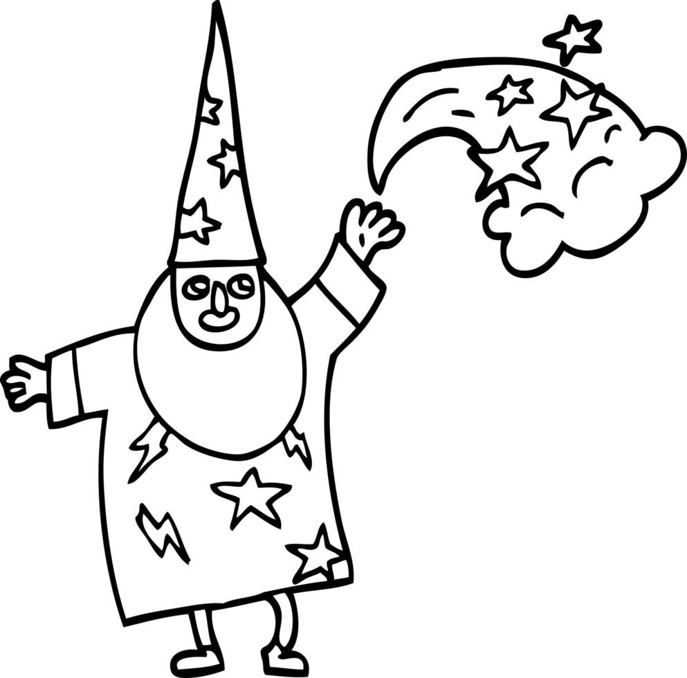 line drawing cartoon wizard casting spell vector