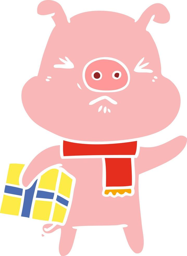 flat color style cartoon angry pig with christmas present vector