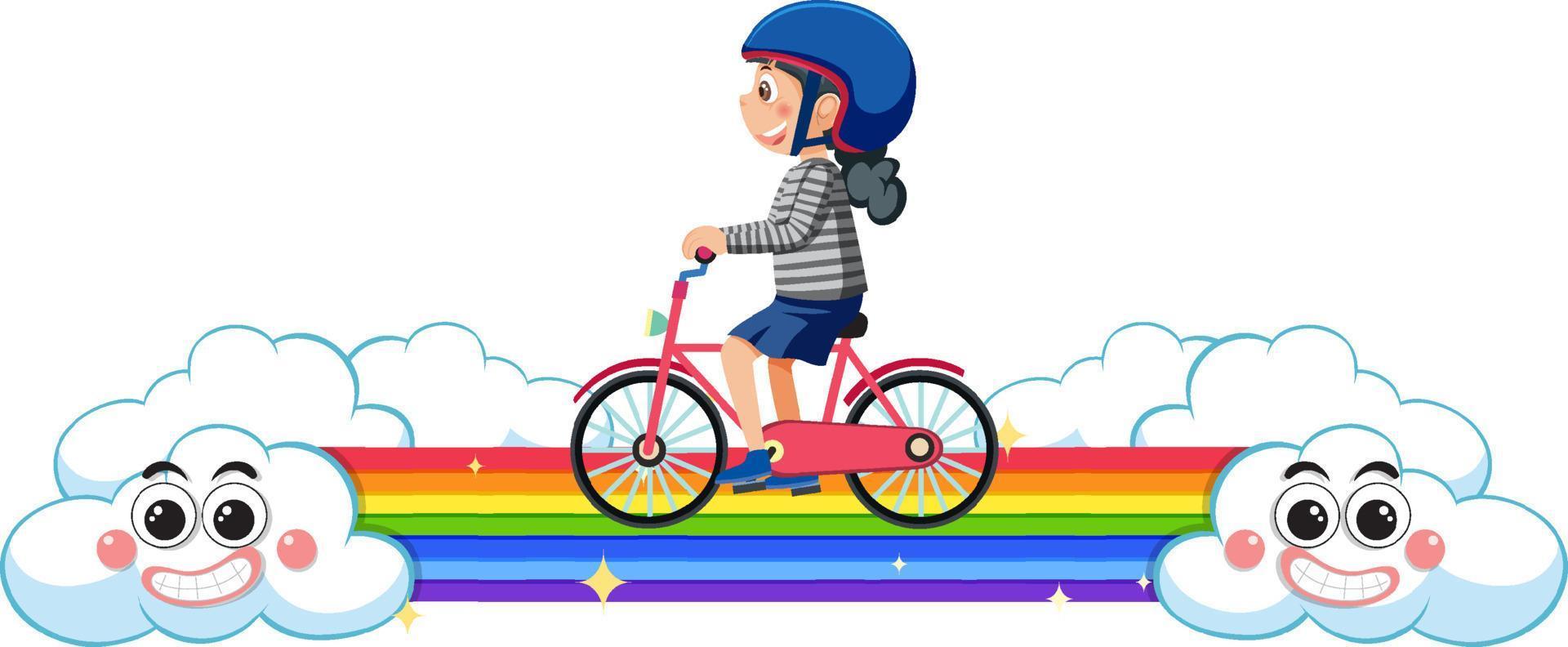 niños montando bicicleta en arcoiris vector