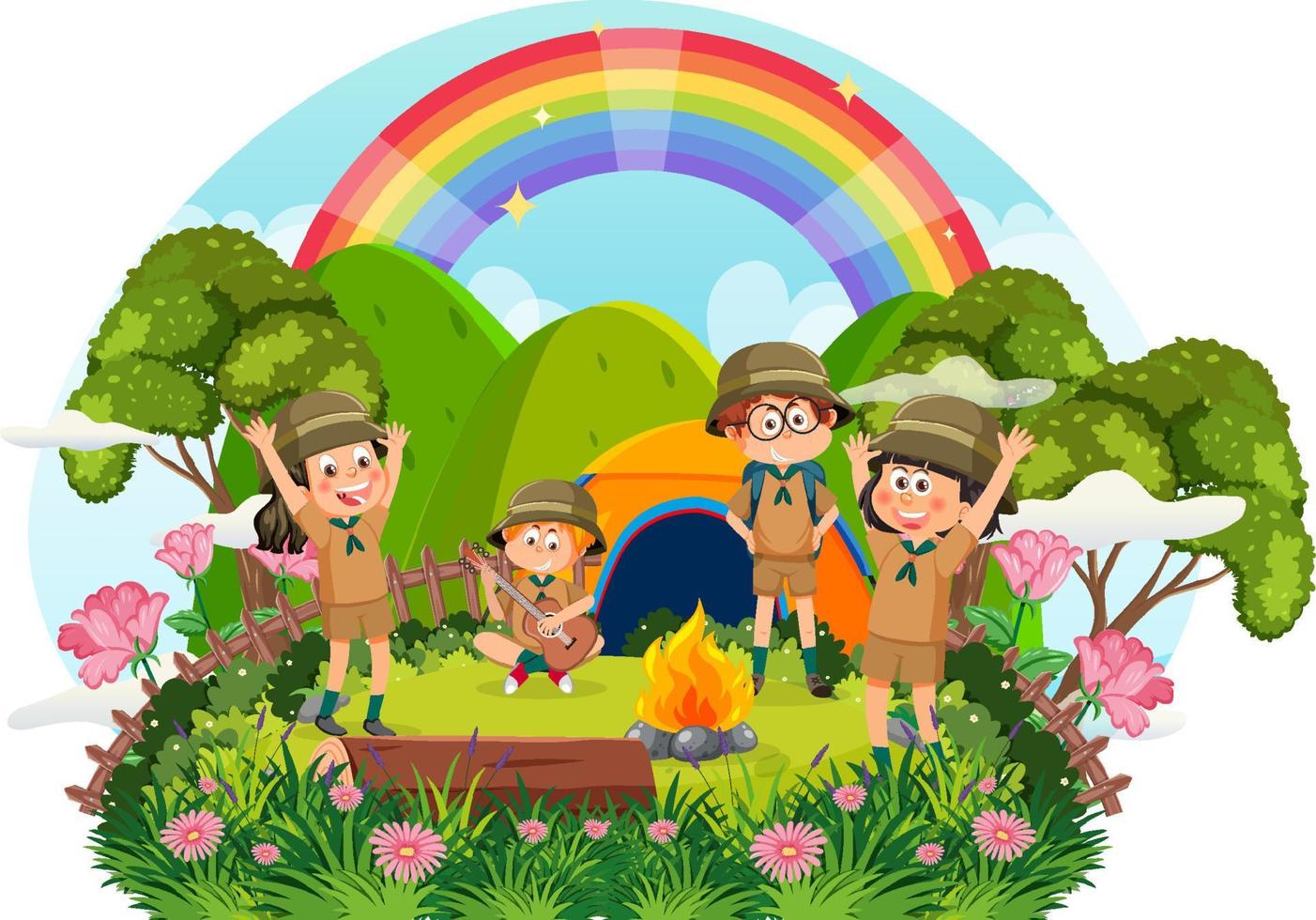 Camping children with rainbow in the sky vector