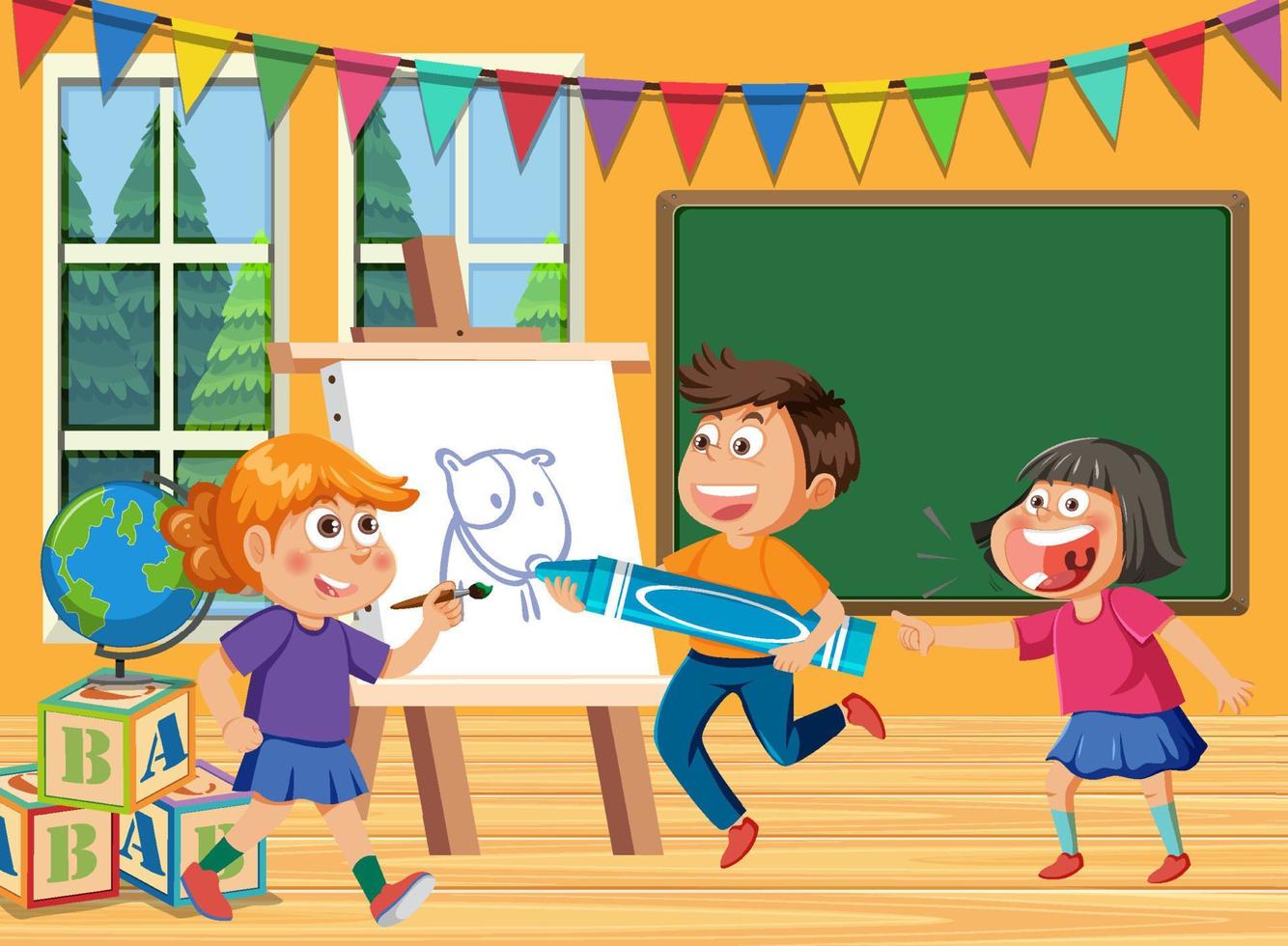 Art classroom with happy students vector