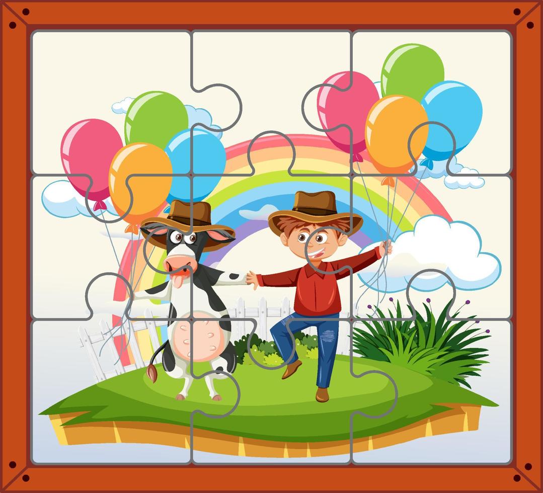 Cow farm photo jigsaw puzzle game template vector