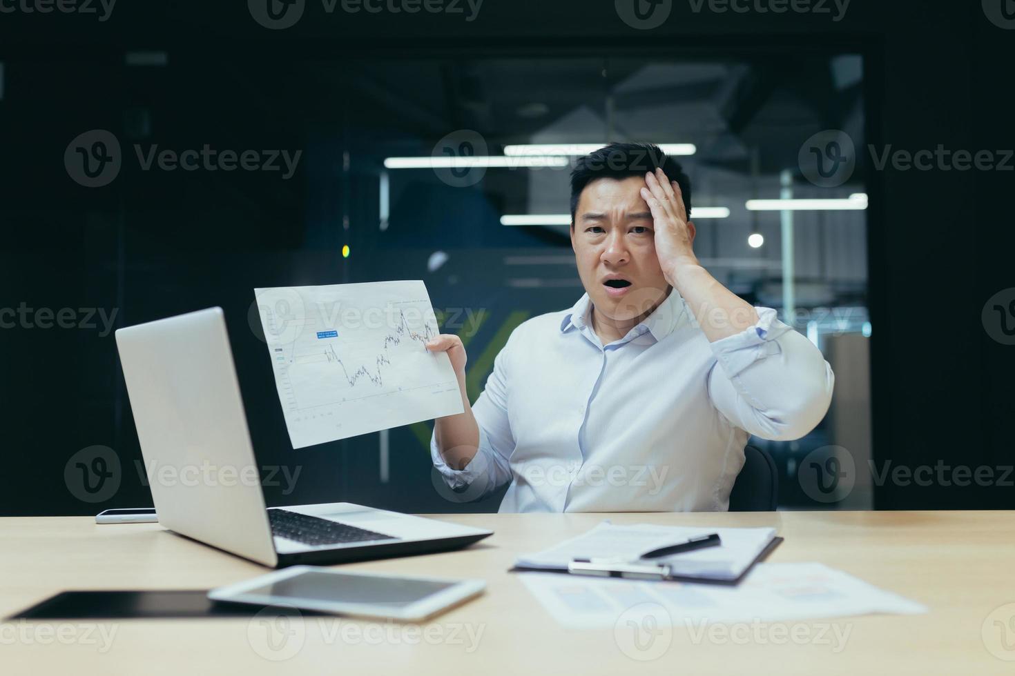 Shocked asian financier showing document with graph with negative figures photo