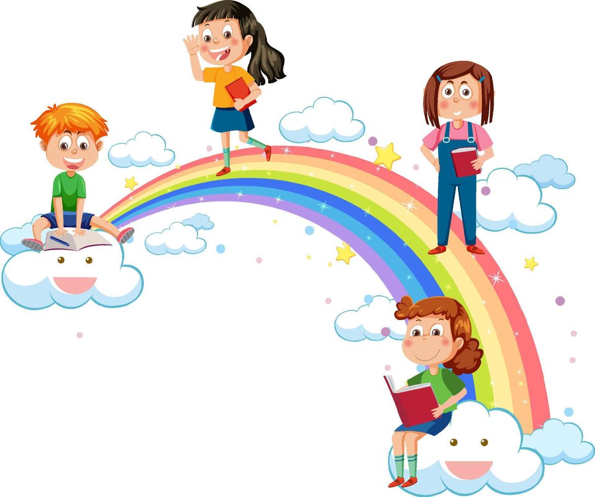 niños felices con arcoiris vector