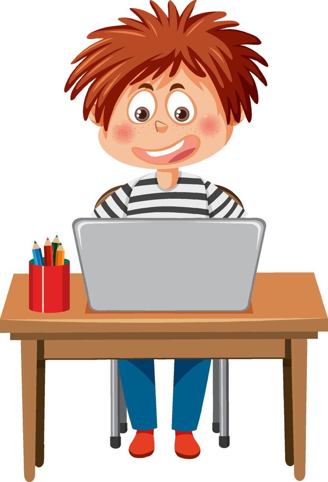 Cute boy using laptop vector