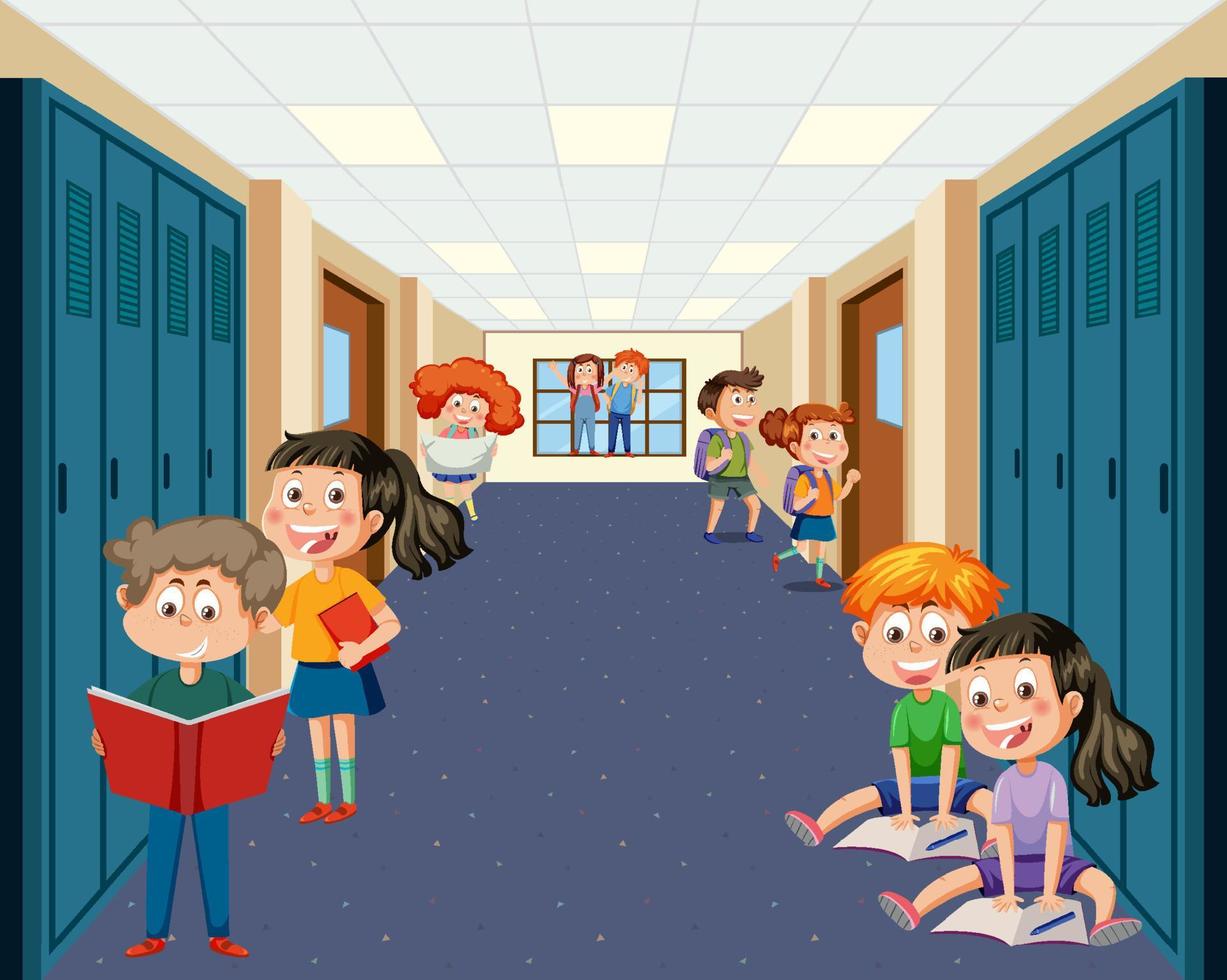 School locker room with student kids vector