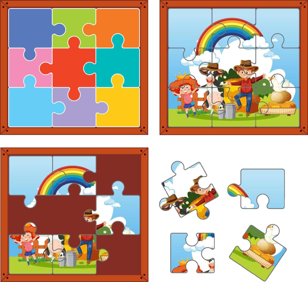 Farm characters photo puzzle game template vector