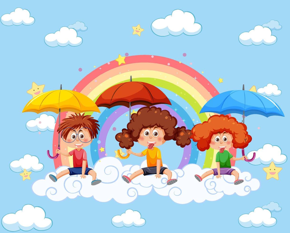 Happy kids in in the sky with rainbow vector