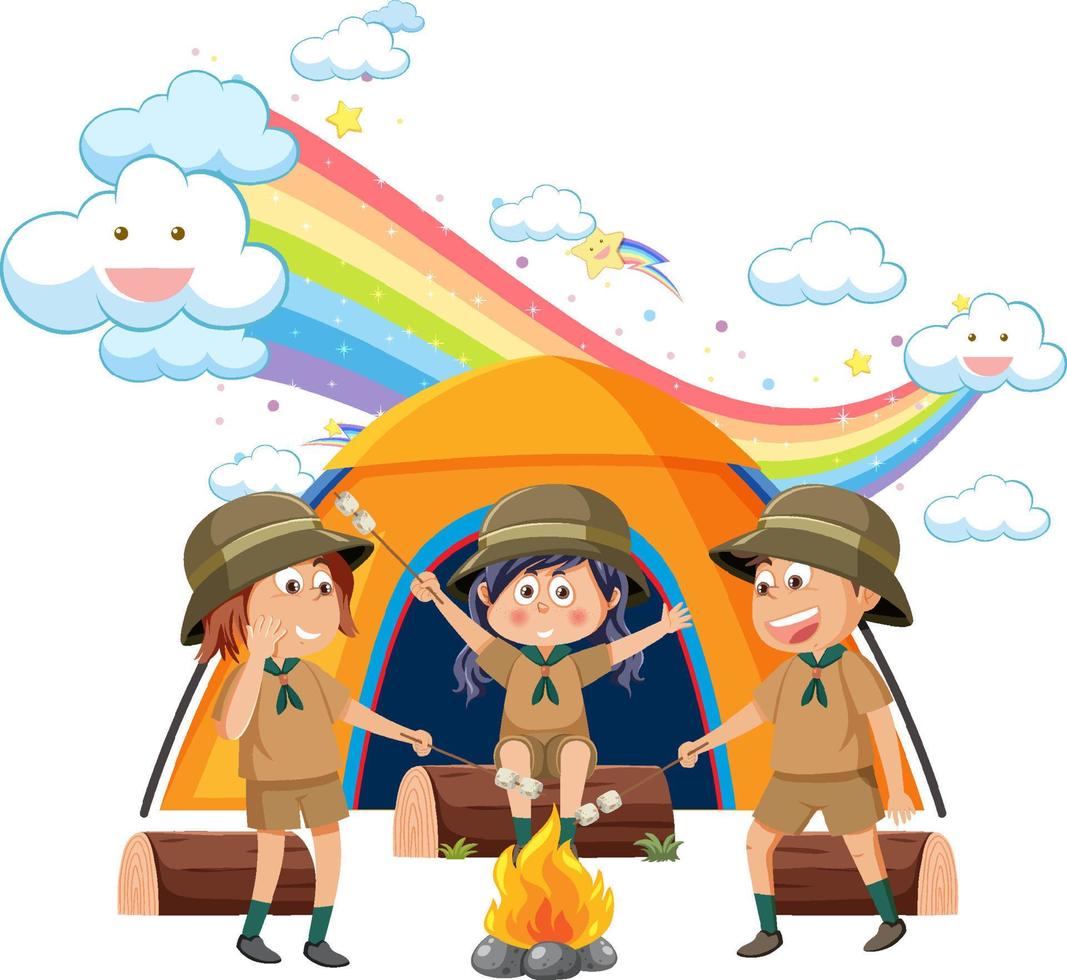 Camping kids with rainbow in the sky vector