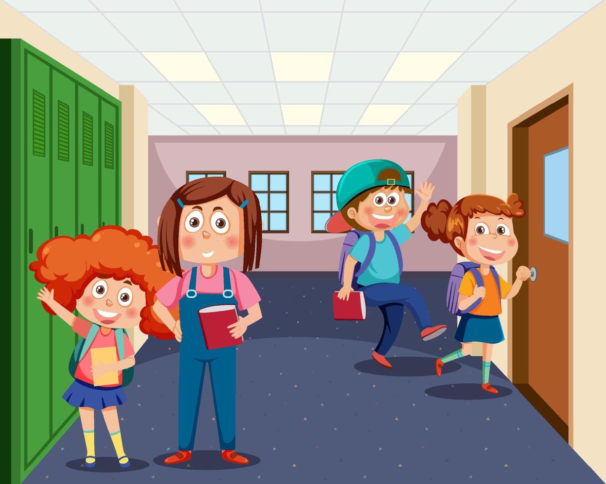 School locker room with student kids vector