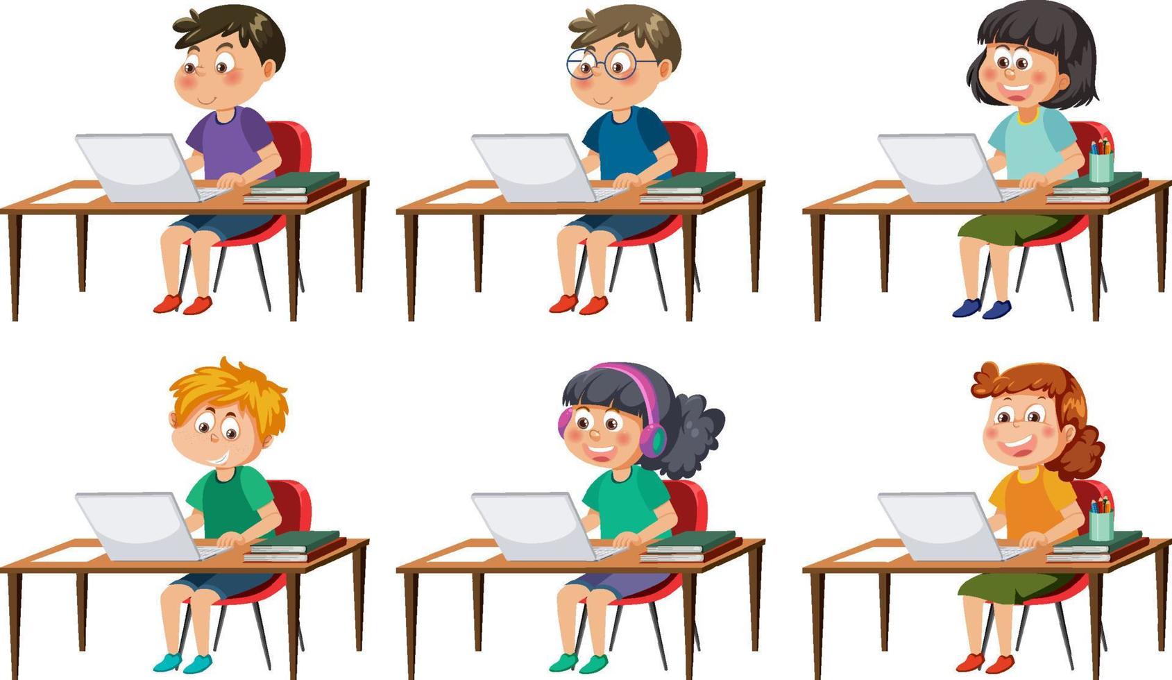 Set of different kids studying on laptop vector