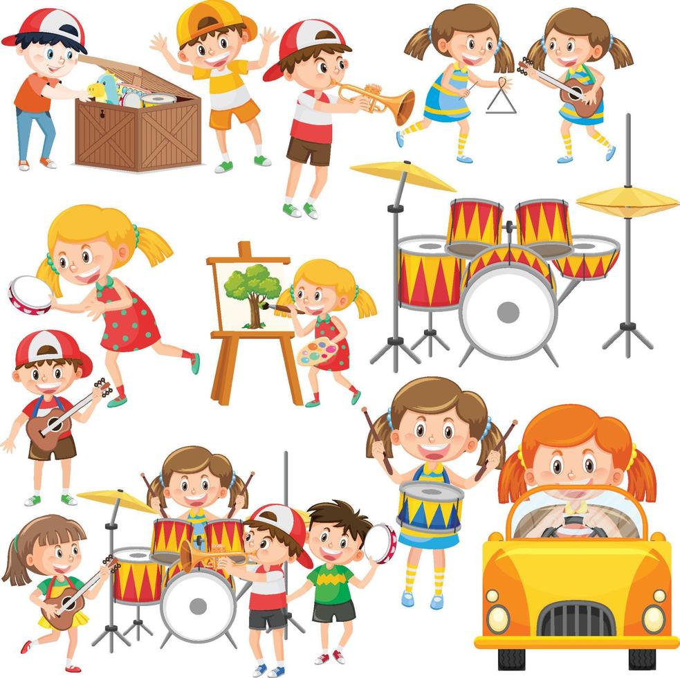 conjunto de diferentes niños y objetos lindos vector