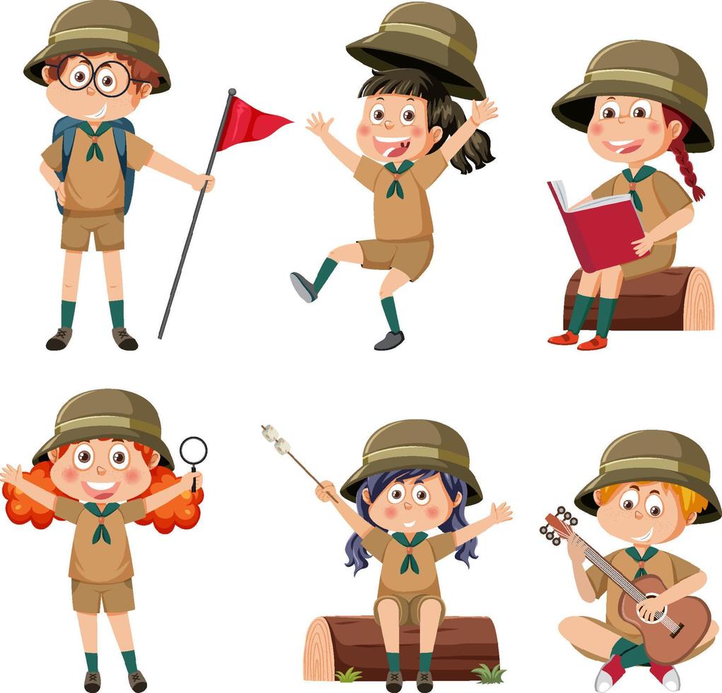 Set of cartoon character in camping outfit vector