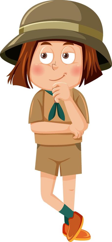 lindo personaje de dibujos animados de niña exploradora pensando vector