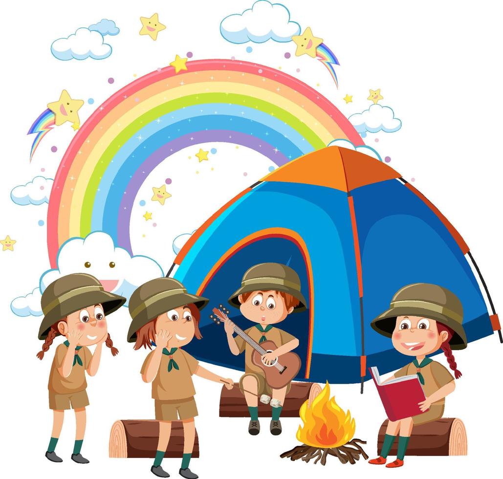 Camping kids with rainbow vector